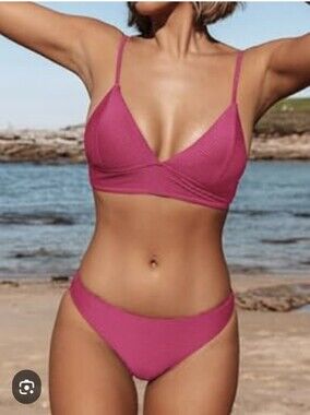 Cupshe Hot Pink Ribbed Triangle Bikini Set